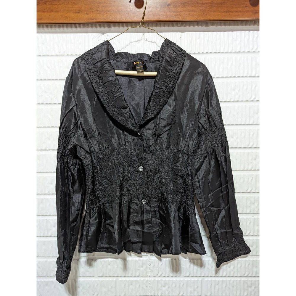 Jerry T Women's Black Silky Rhinestone Buttons Long-Sleeve Smocked Blouse Extra